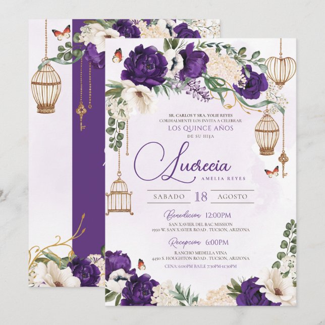 Purple Gold Butterfly Floral Elegant Quinceañera Invitation (Front/Back)