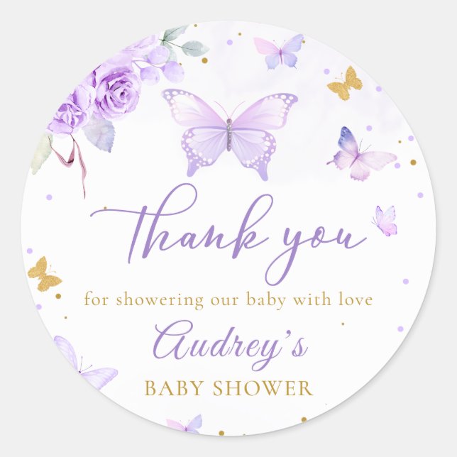 Purple Gold Butterfly Floral Girl Baby Shower Classic Round Sticker (Front)