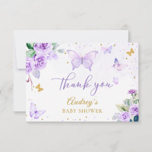 Purple Gold Butterfly Floral Girl Baby Shower Thank You Card