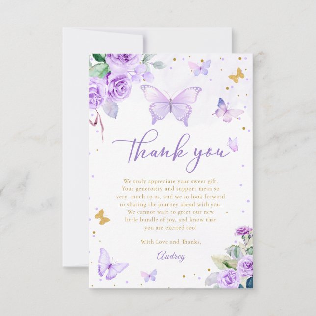Purple Gold Butterfly Floral Girl Baby Shower Thank You Card (Front)