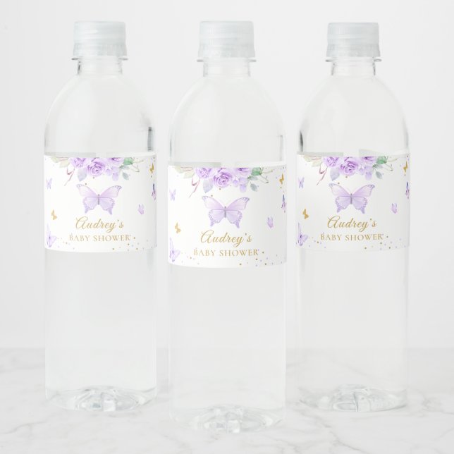 Purple Gold Butterfly Floral Girl Baby Shower Water Bottle Label (Bottles)