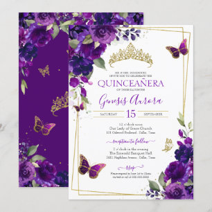 Purple & Gold Butterfly Floral Quinceanera Invitation