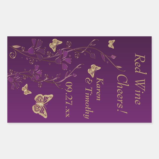 Purple, Gold Butterfly Floral Wine Label Sticker (Front)