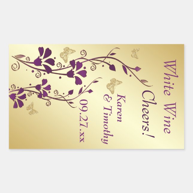 Purple, Gold Butterfly Floral Wine Label Sticker (Front)