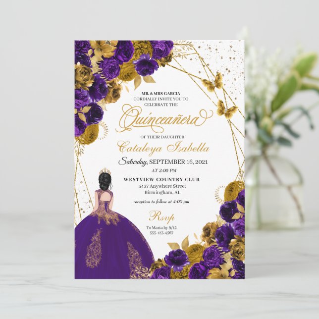 Purple & Gold Butterfly Princess Quinceanera Invitation (Standing Front)