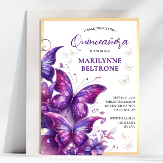 Purple Gold Butterfly Quinceañera Invitation (Creator Uploaded)