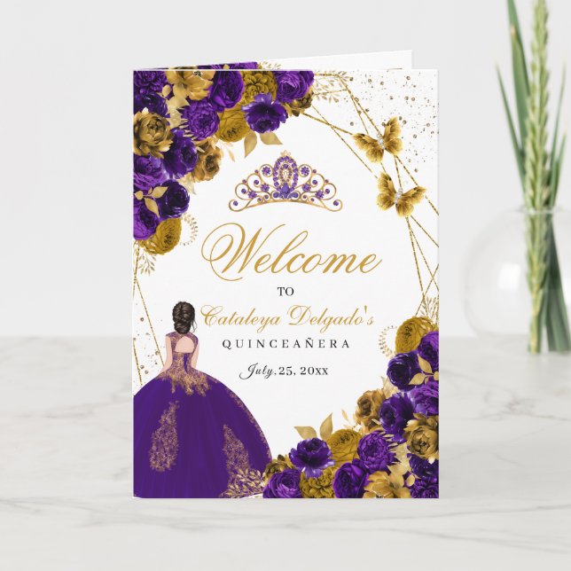 Purple & Gold Butterfly Quinceanera Program Invitation (Front)