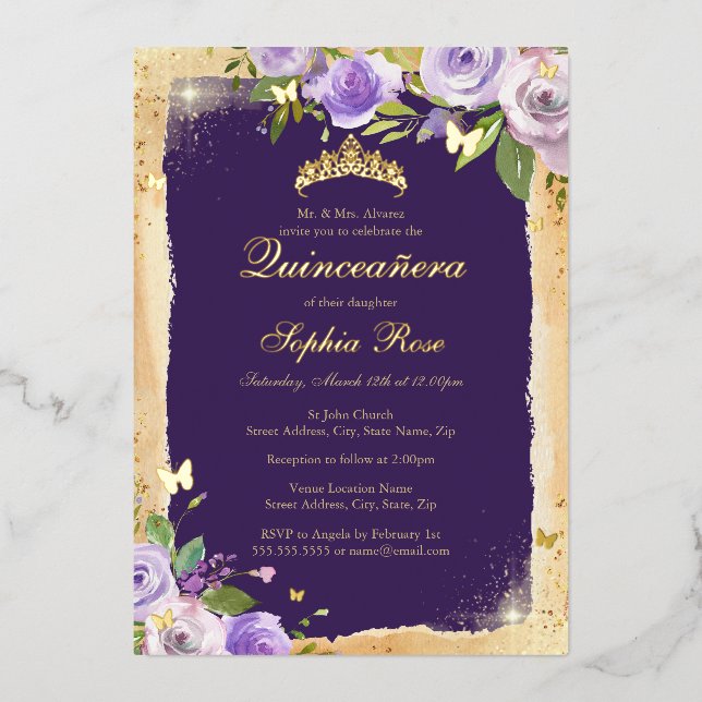 Purple Gold Butterfly Rose Floral Quinceanera (Front)