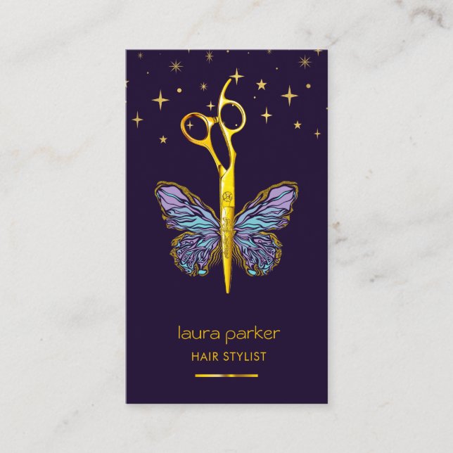 Purple Gold Butterfly Scissor Hair Stylist Salon Business Card (Front)