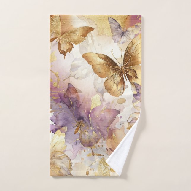 Purple & Gold Butterfly Watercolor Butterflies Bath Towel Set (Hand Towel)
