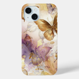 Purple & Gold Butterfly Watercolor Butterflies iPhone 15 Case