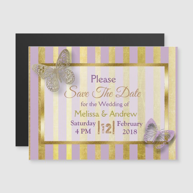 Purple Gold Butterfly Wedding Save the Date Magnet (Front/Back)