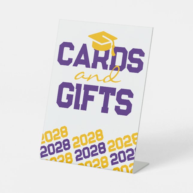 Purple & Gold Cards & Gifts Graduation Table Pedestal Sign (Front)