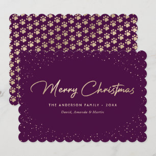 Purple Gold Cat Dog Paws Merry Christmas Card