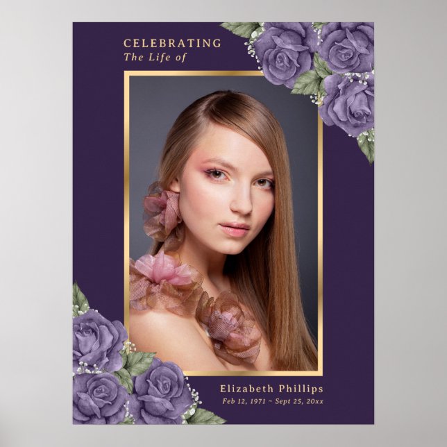 Purple Gold Celebration of Life Photo Funeral Sign (Front)