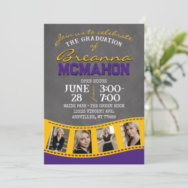 Purple Gold Chalkboard Filmstrip Graduation Invitation (Standing Front)