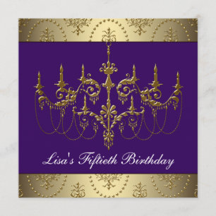 Purple Gold Chandelier Womans 50th Birthday Invitation