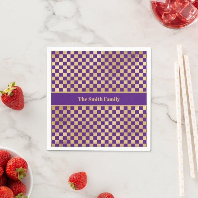 Purple Gold Chequered Paper Napkin (Insitu)