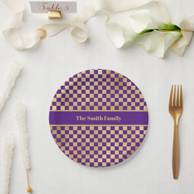 Purple Gold Chequered Paper Plate (Wedding)