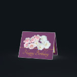 Purple Gold Chic Bouquet White Pink Roses Birthday Card<br><div class="desc">Beautiful bouquet of white and pink roses and a white clematis flower against a purple colour background. The gold colour greeting text uses an attractive script typography font. The flowers cover the front of this card which can be used as a thank you card, a birthday card, or any other...</div>