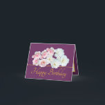 Purple Gold Chic Bouquet White Pink Roses Birthday Card<br><div class="desc">Beautiful bouquet of white and pink roses and a white clematis flower against a purple colour background. The gold colour greeting text uses an attractive script typography font. The flowers cover the front of this card which can be used as a thank you card, a birthday card, or any other...</div>