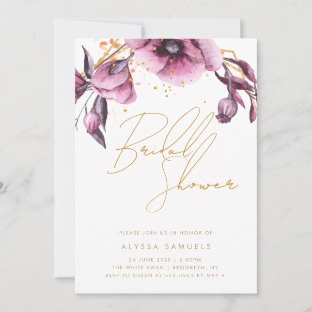 Purple Gold Chic Floral Bridal Shower Invitation (Front)