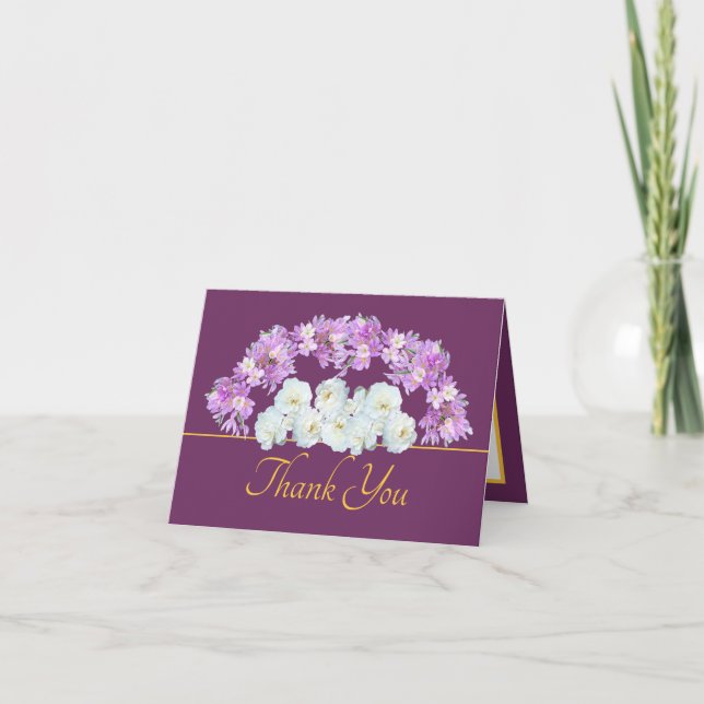 Purple Gold Chic Roses Crocuses Garland Thank You Card (Front)
