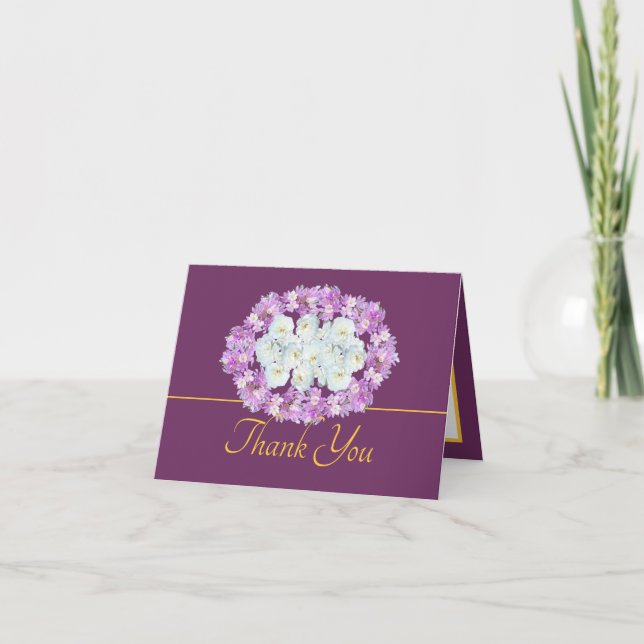 Purple Gold Chic Roses Crocuses Wreath Thank You Card (Front)