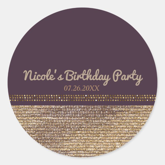 Purple Gold Chic Sparkling Glam Party Favour Classic Round Sticker (Front)