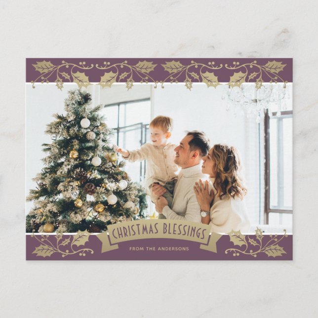 Purple Gold Christmas Blessings Christian Photo Holiday Postcard (Front)