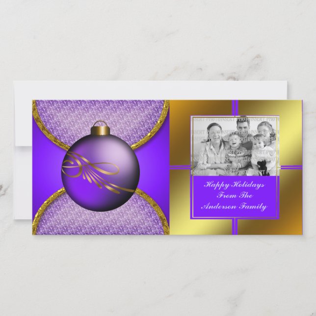 Purple Gold Christmas Ornament Photo Card (Front)