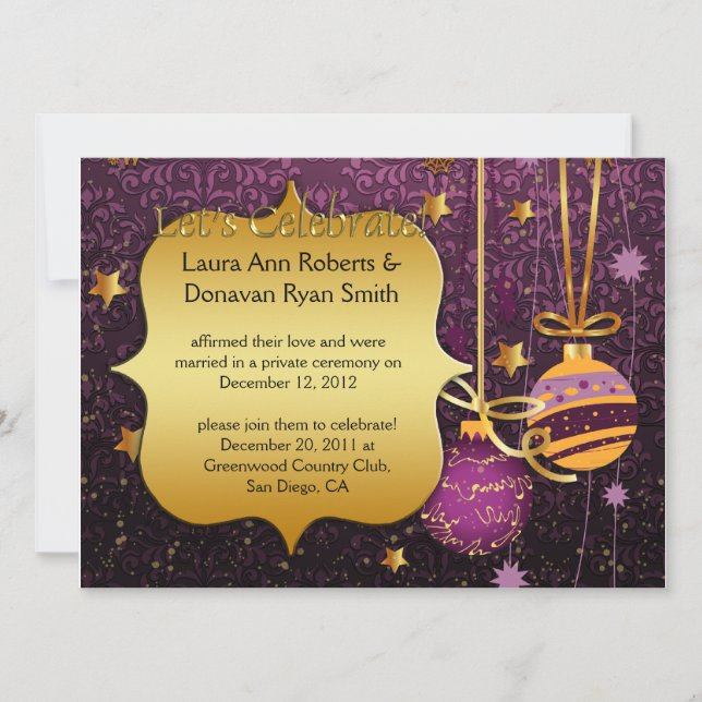 Purple Gold Christmas Post Wedding Invitation (Front)