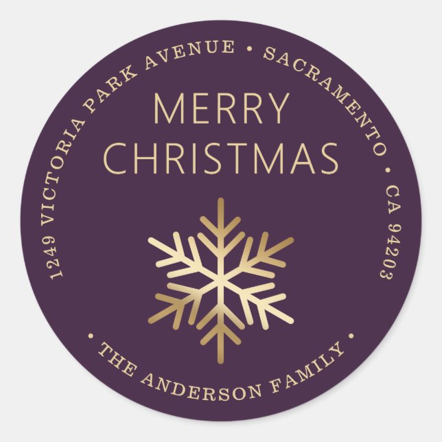 Purple Gold Christmas Snowflake Return Address Classic Round Sticker (Front)