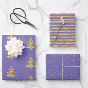 Purple Gold Christmas Tree Stripes Sparkle     Wrapping Paper Sheet