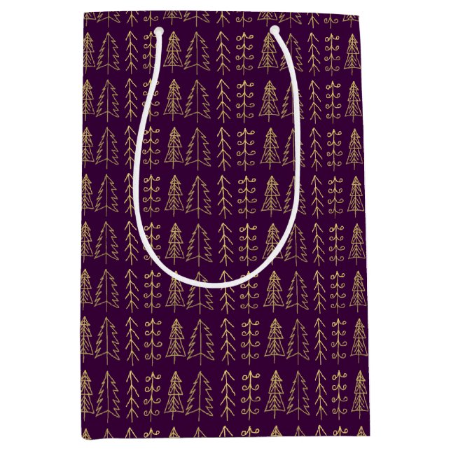 Purple Gold Christmas Trees Pattern Modern Medium Gift Bag (Front)