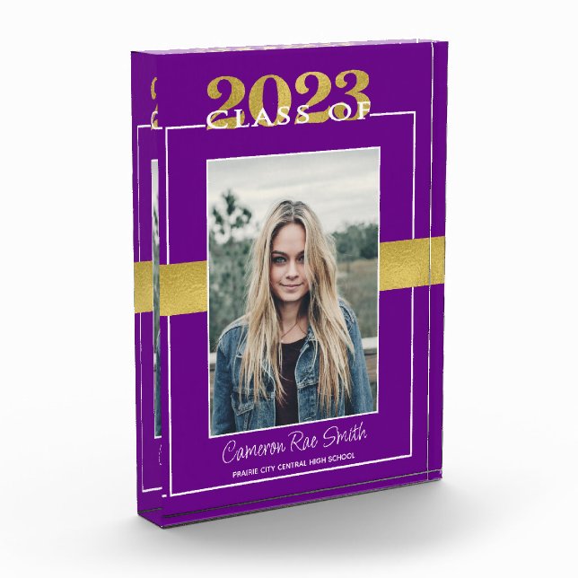 Purple Gold Class of 2023 Graduation Keepsake Photo Block (Left)