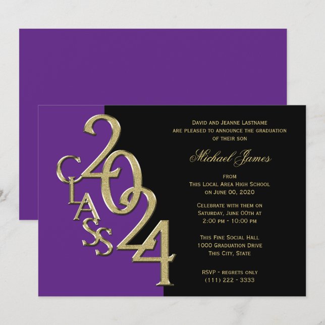 Purple Gold Class of 2024 Grad with Colour Option Invitation (Front/Back)