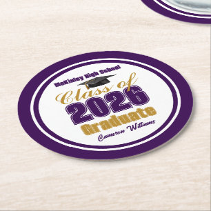 Purple Gold Class of 2026 Graduation Party Round Paper Coaster
