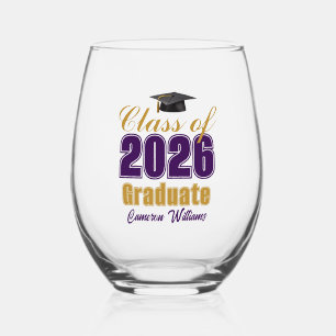 Purple Gold Class of 2026 Graduation Party Stemless Wine Glass