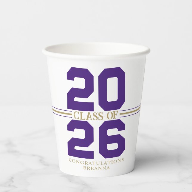 Purple & Gold Class of Personalised Graduation Paper Cups (Back)