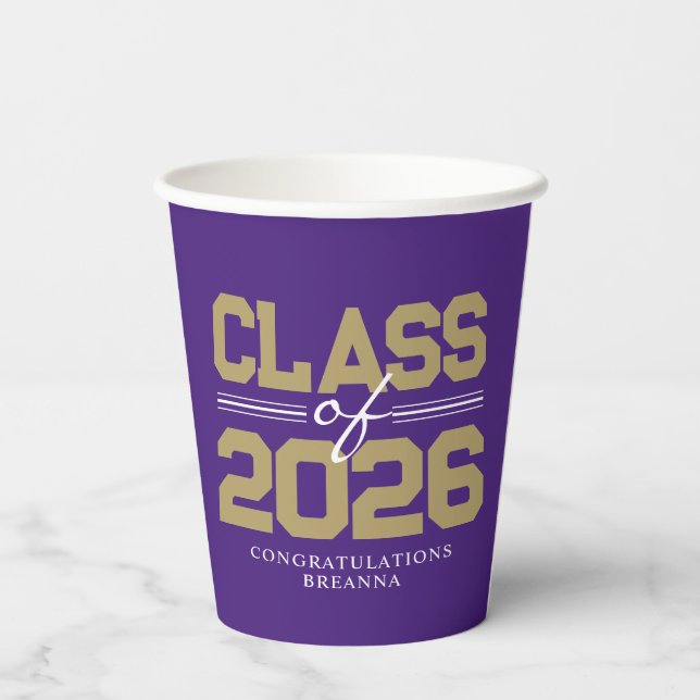 Purple & Gold Class Year Graduation Paper Cups (Back)