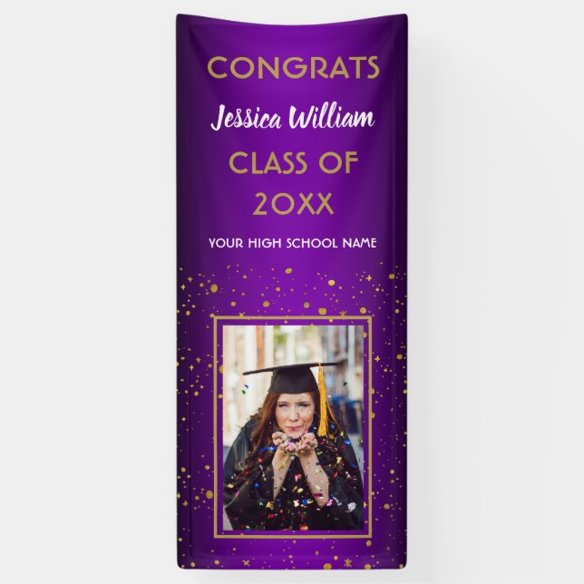 Purple Gold Confetti 2020 Photo Graduation Party Banner (Vertical)