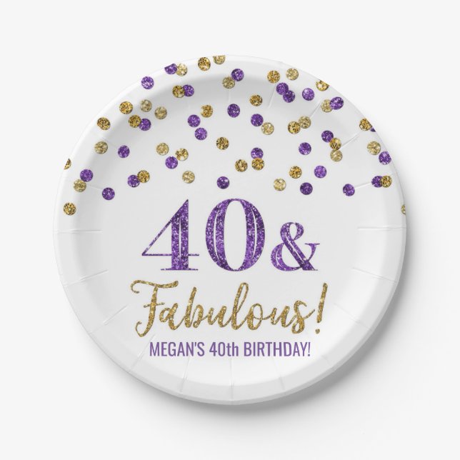 Purple Gold Confetti 40 and Fabulous Birthday Paper Plate (Front)
