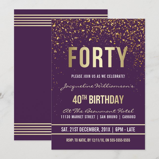 Purple | Gold Confetti 40th Birthday Party Invitation (Front/Back)