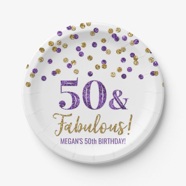 Purple Gold Confetti 50 and Fabulous Birthday Paper Plate (Front)