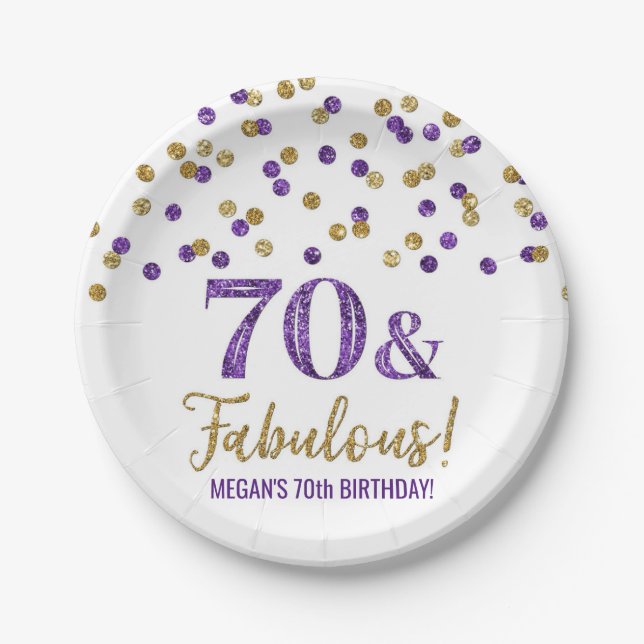 Purple Gold Confetti 70 and Fabulous Birthday Paper Plate (Front)