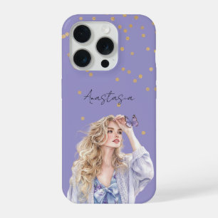 Purple Gold Confetti Blond Girl Butterfly iPhone 15 Pro Case