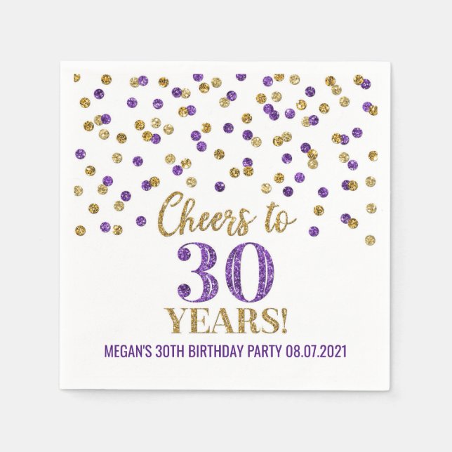Purple Gold Confetti Cheers to 30 Years Birthday Napkin (Front)