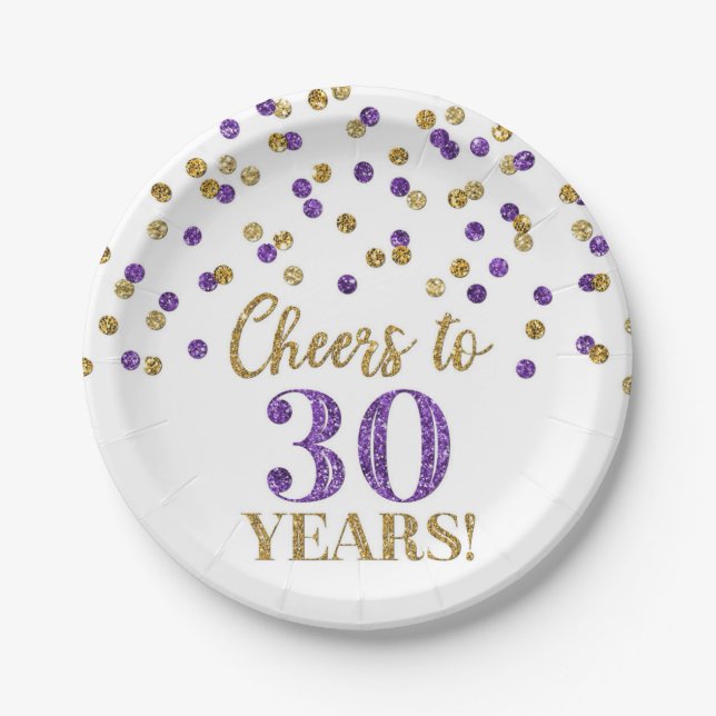 Purple Gold Confetti Cheers to 30 Years Birthday Paper Plate (Front)
