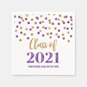 Purple Gold Confetti Class of 2021 Graduation Napkin